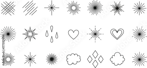 Line Art Icon Set with Stars, Raindrops, Heart, Clouds, Diamonds on White Background