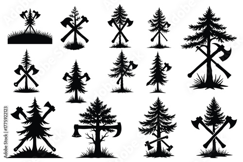 Pine trees and crossed axes silhouettes collection