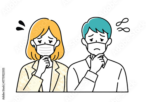 Concerned man and woman wearing face masks expressing worry and uncertainty - Flat Vector Illustration. Colored vector illustration