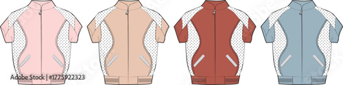 Collection of four short-sleeved jacket designs in pastel shades with zippers, presented for fashion or apparel concepts