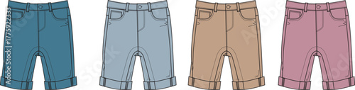 Technical flat sketches showcasing a versatile collection of rolled-cuff denim shorts in a range of colors, ideal for fashion design concepts and apparel development