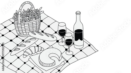 Black and white illustration of a picnic with wine cheese bread and croissants on a checkered cloth Keywords: picnic, basket, bread, baguette