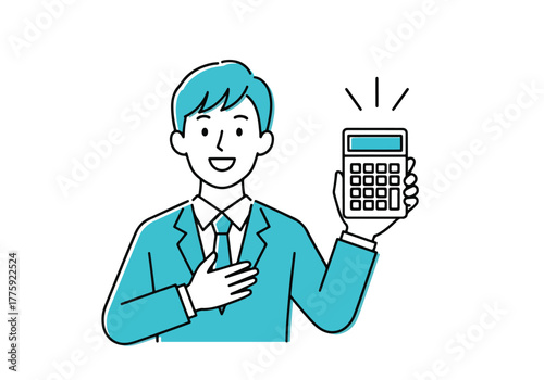 Happy businessman holding calculator presenting financial success and solutions - Flat Vector Illustration. Colored vector illustration