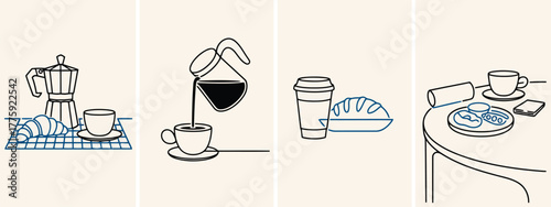 Breakfast Icons with Coffee and Croissants on Beige Background moka pot