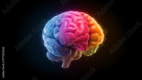 A vibrant, multicolored brain rendered in 3D, with a dark background and glowing particles
