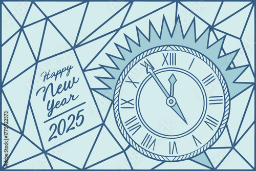 2025 New Year geometric crystal glass background Faceted glass texture with reflective geometric shards, icy blue tone, festive abstract luxury effect, 4K resolution.