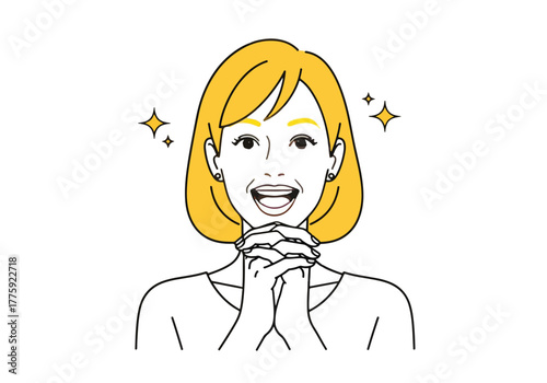 Joyful woman with sparkling eyes and blonde bob expressing delight and excitement - Flat Vector Illustration. Colored vector illustration