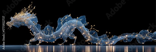 Ethereal blue dragon, adorned with golden lights, dynamically posed against a black background, reflected subtly on a smooth surface
