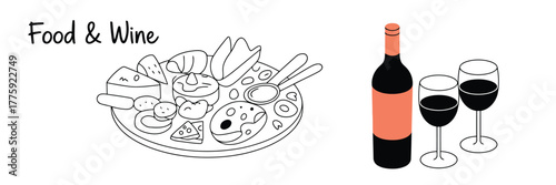 Food and Wine Platter with Bottle and Glasses on White Background cheese bread