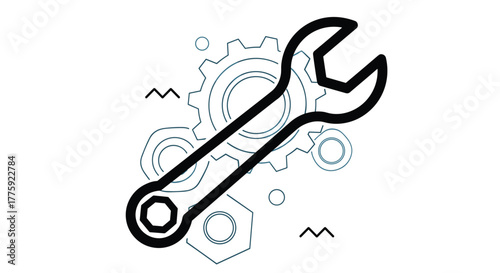 A simple line art illustration depicting a large wrench surrounded by gears, bolts, and abstract shapes, conveying themes of mechanics, engineering, and problem-solving.