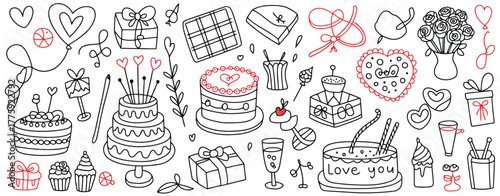 Hand-drawn collection of birthday and celebration elements including cakes, gifts, and balloons party