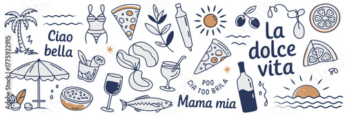 Italian vacation doodles of pizza palm tree beach umbrella wine and sun italy summer