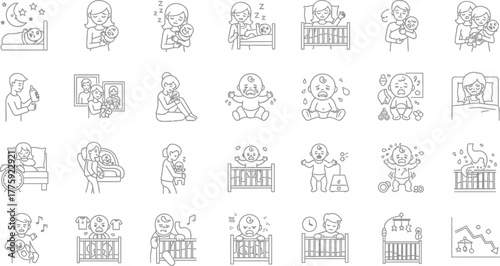 Line art icons depicting tired parents and crying babies on transparent background