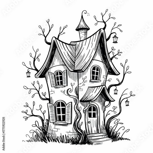 Whimsical hand drawn haunted house with twisted trees and lanterns
