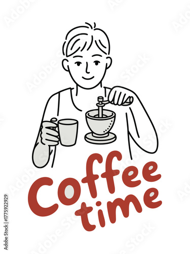 Man Grinding Coffee Beans with a Manual Grinder and Holding a Cup of Coffee with Text vector illustration