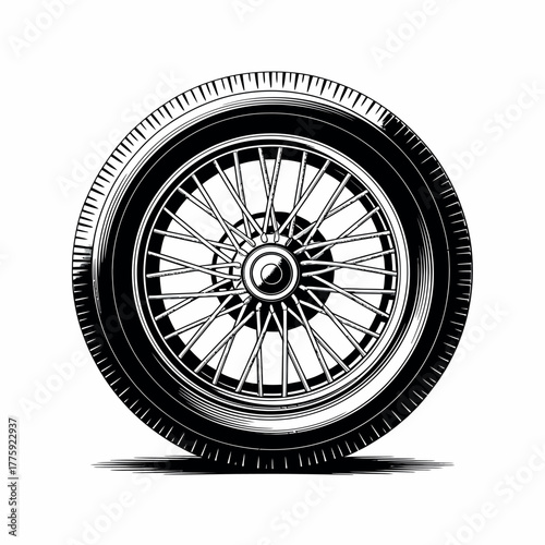 Vintage wire wheel and tire illustration on white background