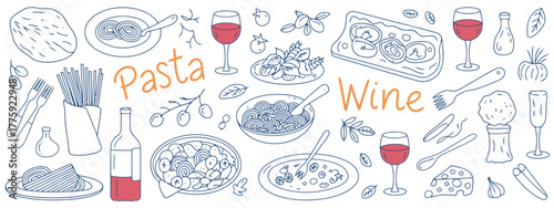 Italian Food and Wine Doodle Collection with Pasta and Cheese cuisine