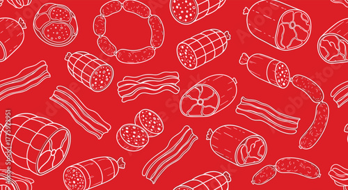 Seamless pattern featuring various meat products like sausages, bacon, and cold cuts in white outline on a vibrant red background.