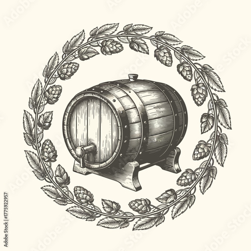 Vintage wooden barrel surrounded by hops garland illustration