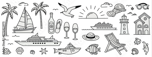 Nautical and Summer Holiday Doodle Elements with Sailboat Cruise Ship and Lighthouse vector illustration