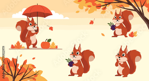 Cute cartoon squirrels enjoy a beautiful autumn day, gathering food and playing among colorful falling leaves.