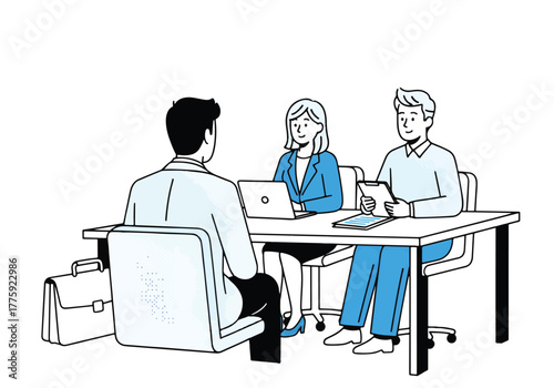 Business meeting job interview with professional people sitting at a table discussing - Flat Vector Illustration. Colored vector illustration
