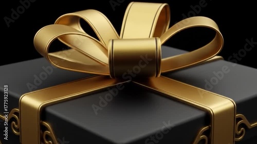 A sleek black gift box with a luxurious golden ribbon and bow, set against black