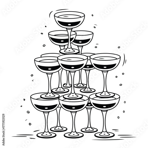 Tower of champagne glasses filled with dark liquid in a pyramid shape line art Keywords: champagne, glasses, tower, pyramid, celebration, party