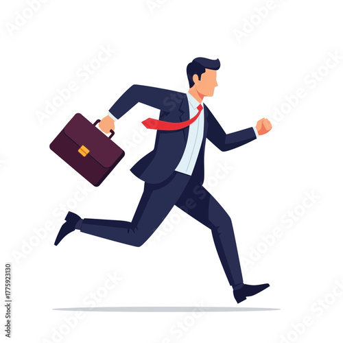 Businessman in a suit running quickly while holding a briefcase, depicted in a vector illustration.