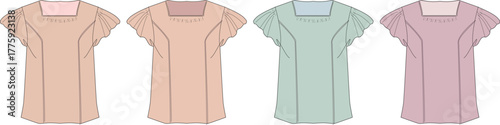 Four casual women's tops in different pastel colors, short sleeves and square neckline