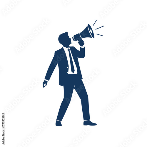Silhouette of a man in a suit using a megaphone to project his voice.