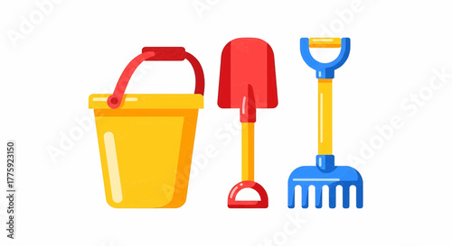 Essential plastic beach toys for children, including a vibrant bucket, shovel, and rake set