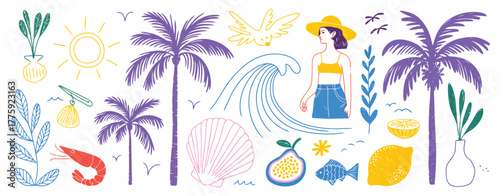 Tropical Summer Elements with Palm Trees Sun and Beach Accessories Keywords: summer, tropical, beach, palm tree, sun, ocean, wave, woman, hat