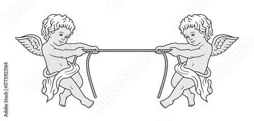 Two Cherubs Pulling a Rope on a White Background angel cupid