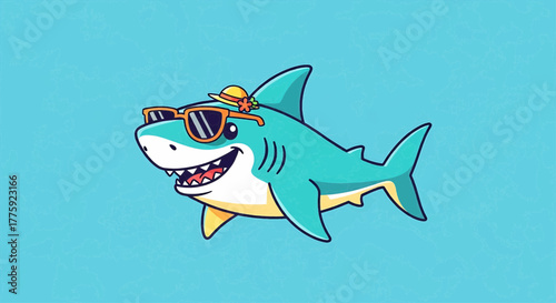 Cute cartoon shark wearing sunglasses and hat, enjoying a sunny day on a blue background