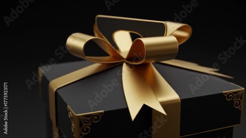 A sophisticated black gift box with a lustrous gold ribbon and decorative corner accents