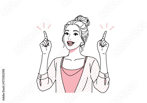 Excited woman with makeup pointers gesturing upward pink top simple drawing - Flat Vector Illustration. Colored vector illustration