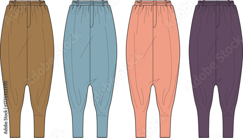 Set of four colorful fashion flat technical sketches of women's tapered jogger pants. Clothing design template and apparel vector illustration