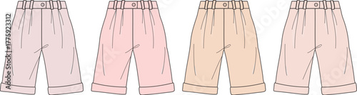 Four pairs of elastic waist cropped pants in varying shades of pink and peach, presented from a front view