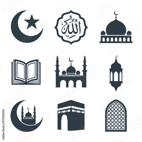 Collection of islamic symbols and icons in silhouette style