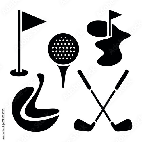 Golf icons silhouette set featuring ball flag clubs and sand trap