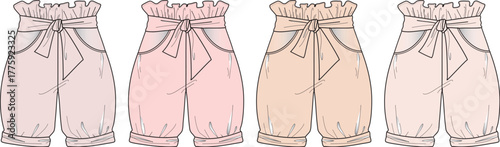 Collection of adorable pastel ruffled shorts with decorative bows and gathered hems, perfect for a cute and comfortable fashion design concept illustration