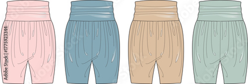 A collection of women's high-waisted gathered shorts in four pastel colorways. Fashion design technical flat sketch vector template for apparel