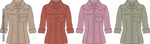 Set of women's long-sleeve western style shirts in four different colorways. Fashion apparel design concept with technical flat sketch illustrations