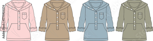 Fashion technical flat sketch template of a women's long sleeve hooded pullover tunic with pocket details. Vector apparel design concept