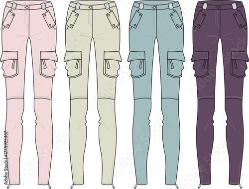 Collection of women's slim-fit cargo pants in various pastel colors, showcasing a versatile and trendy casual wear option for diverse fashion styles