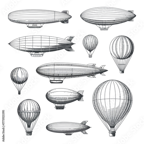 Collection of vintage airships and hot air balloons in detailed sketch style