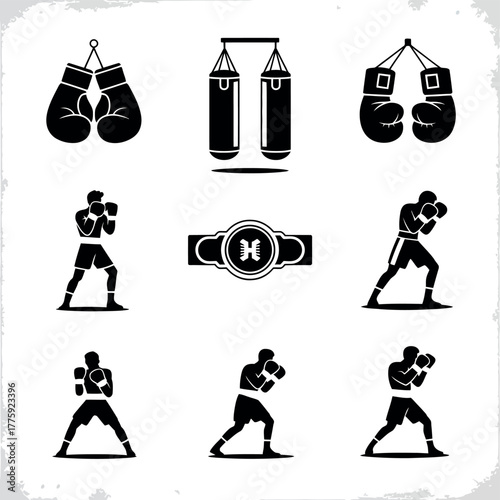 Boxing icons silhouette collection featuring gloves punching bags and fighters
