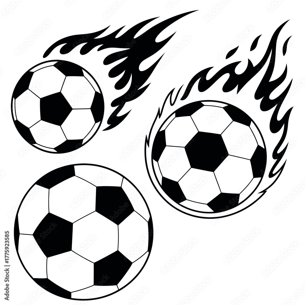 Fototapeta premium Three soccer balls with flames and motion lines in a dynamic composition
