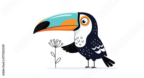 Cute cartoon toucan bird with a colorful large beak holding a simple white flower on a clean white background.